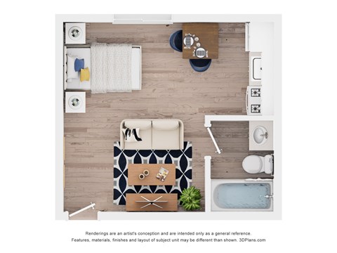 Floor plan for 1 bed, 1 bath, 400 sqft